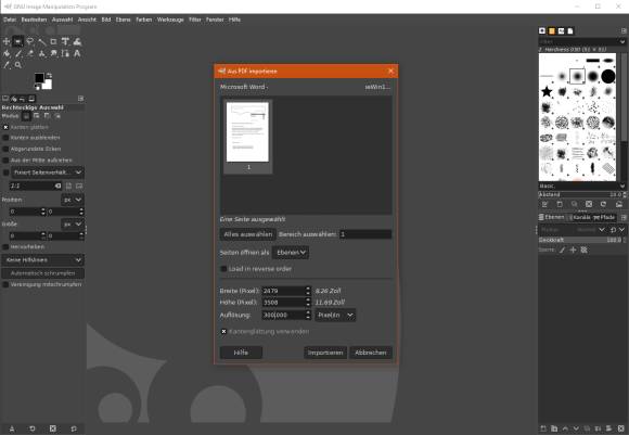 Screenshot PDF-Import-Dialog von Gimp