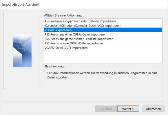 Screenshot erster Export-Dialog