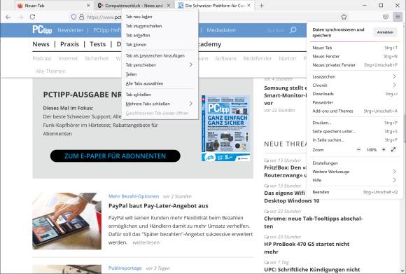 Screenshot mit Tab-Kontextmenu ohne Neues-Tab-öffnen-Befehl