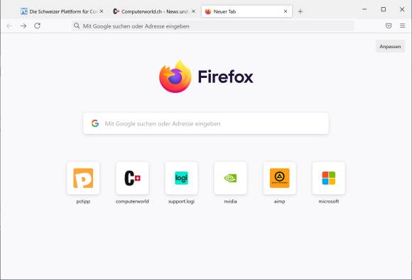 Screenshot Firefox mit breiterem, anfassbarem oberem Rand