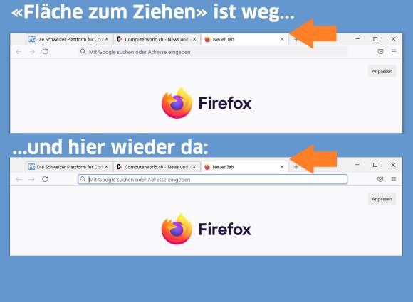 Firefox-Tabbereich ohne und mit Anfassbalken 