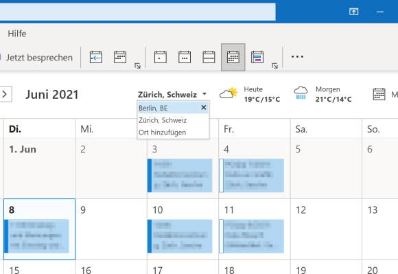Screenshot Outlook mit Wetter aus Zürich und dem Löschen-X bei Berlin