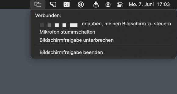 Das temporäre Symbol in der Menüleiste enthält alle wichtigen Befehle