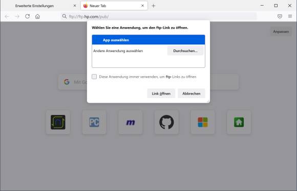 Screenshot Firefox mit Pop-up nach Eingabe eines FTP-Links