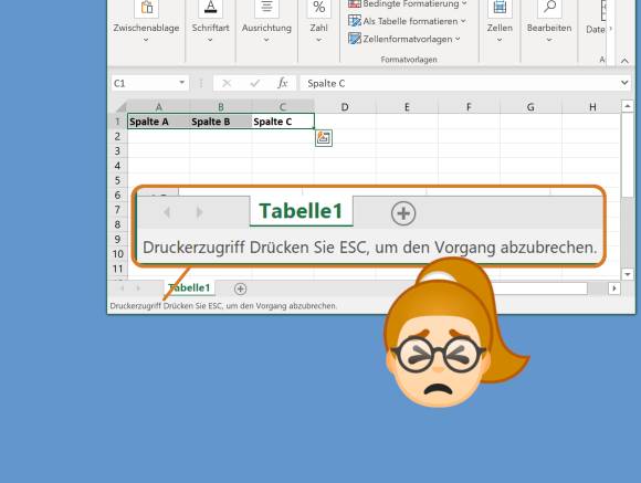 Screenshot mit Druckerzugriff-Meldung in Excel und genervtem Emoji 