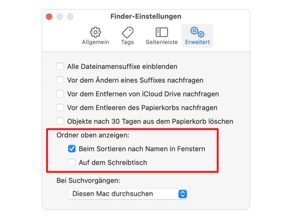 So kommen die Ordner ganz nach oben