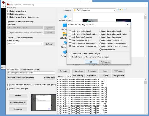 Screenshot Irfanview mit Sortieroptionen