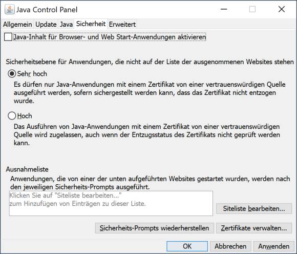 Screenshot Java-Sicherheitseinstellungen