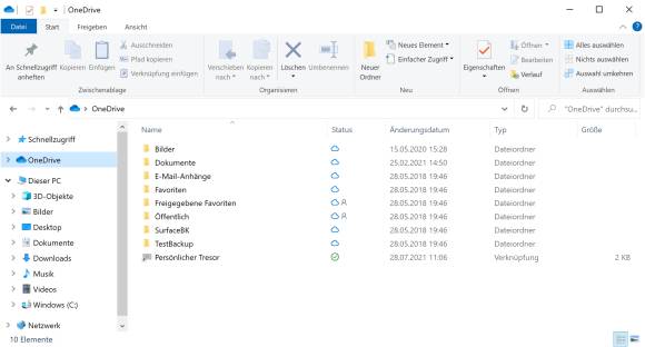 Screenshot Explorer-Fenster mit noch nicht lokal gespeicherten OneDrive-Daten
