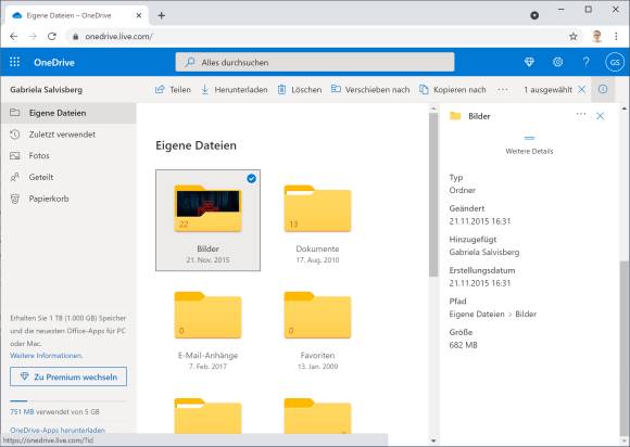 Screenshot privates OneDrive im Browser mit Grössenangabe