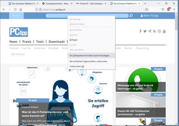 Screenshot Schlüsselwort für Suchfeld im Firefox hinzufügen