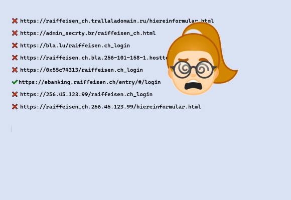 Mehrere gefälschte Links, ein korrekter Link und ein verwirrtes Emoji 