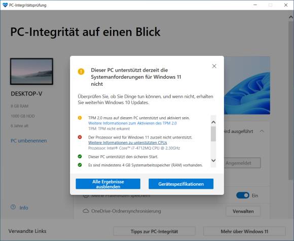 Screenshot Microsoft-Kompatibilitätscheck