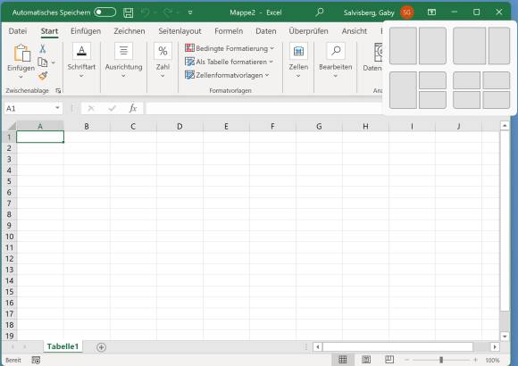 Screenshot Excel-Fenster mit Snap-Layout
