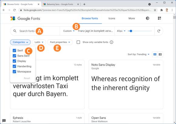 Screenshot Google Fonts mit von uns markierten Feldern