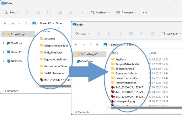 Screenshots zweier Explorerfenster, vorher und nachher 