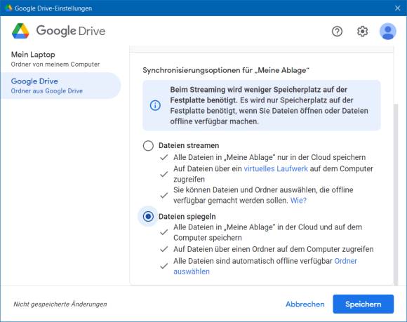 Screenshot Google-Drive-Einstellungen