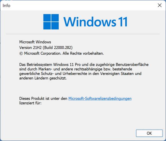 Screenshot Versionsangabe Windows 11 