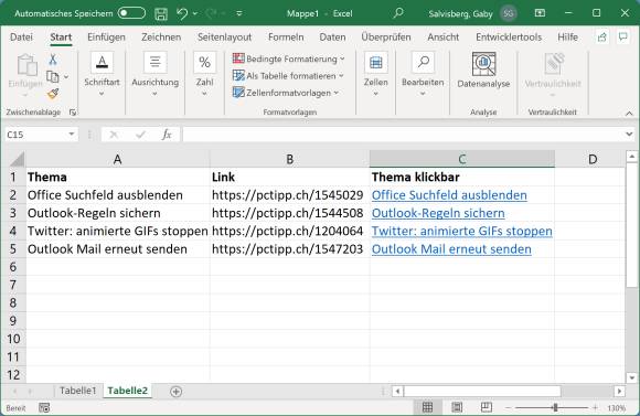 Screenshot Excel mit klickbaren Begriffen 