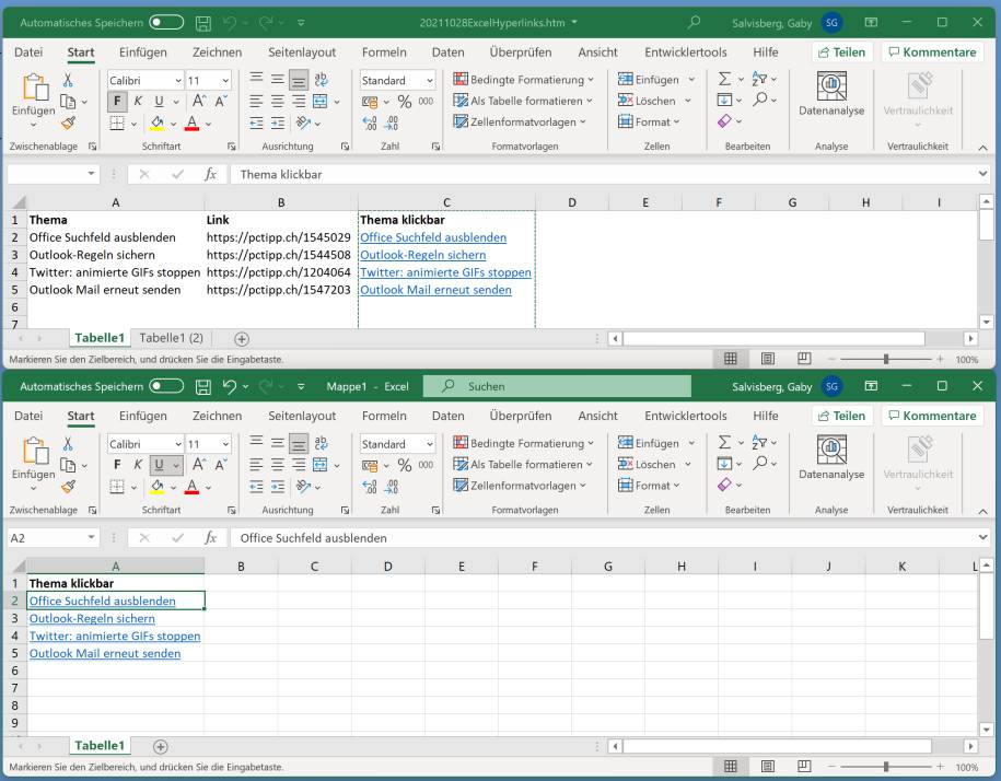 Excel Spalte mit per HyperlinkFunktion verlinkten Wörtern kopieren onlinepc.ch