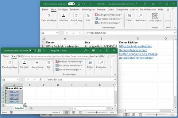 Screenshot zweier Excel-Fenster, eins mit Fehlermeldung 