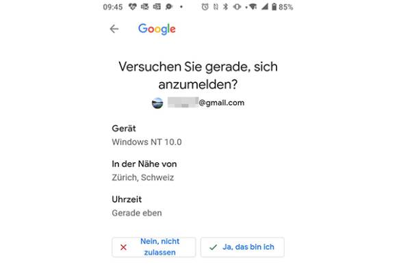 Screenshot Google 2FA-Rückfrage 