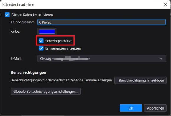 Screenshot Schreibschutzeinstellung