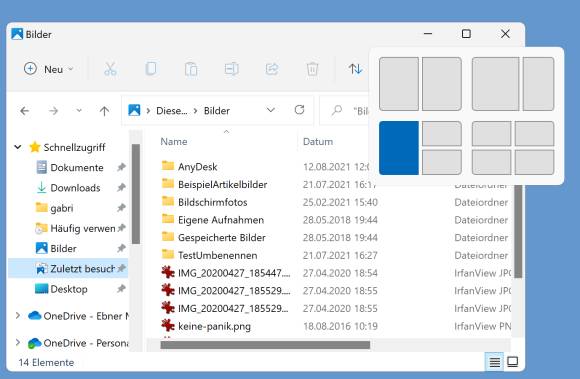 Screenshot Explorer-Fenster mit ausgeklapptem Snap-Layout