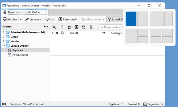 Thunderbird mit snap-kompatiblem Titelbalken und ausgeklapptem Snap-Layout