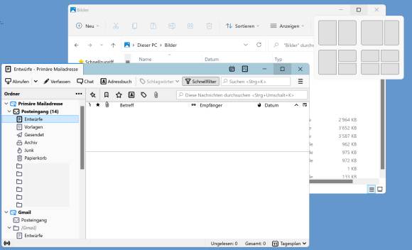 Ein Thunderbird-Fenster ohne und ein Explorer-Fenster mit Snap-Layout 