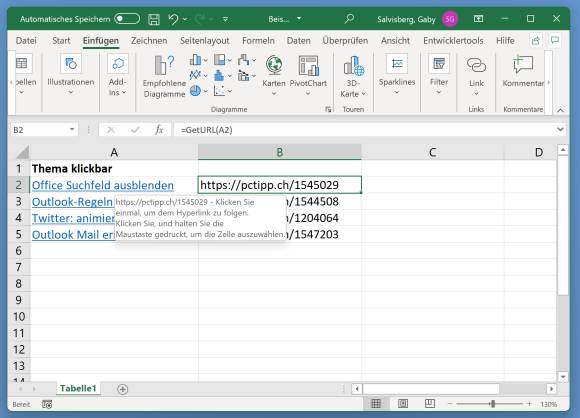 Screenshot mit der Excel-Funktion