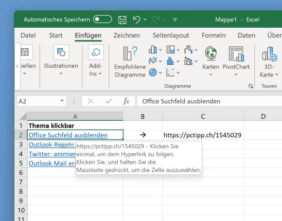 Screenshot Excel mit zu extrahierenden Links 