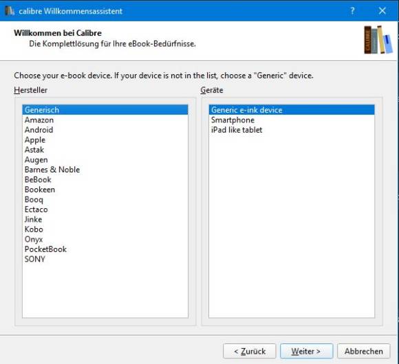 Screenshot Calibre-Geräteauswahl