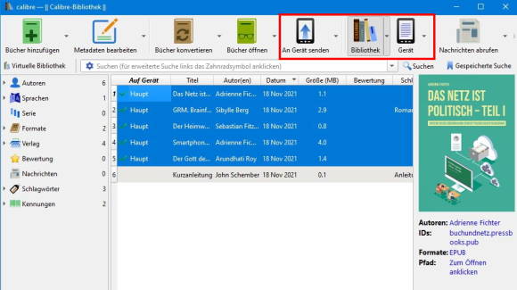 Screenshot Calibre: Bücher aufs Gerät kopieren