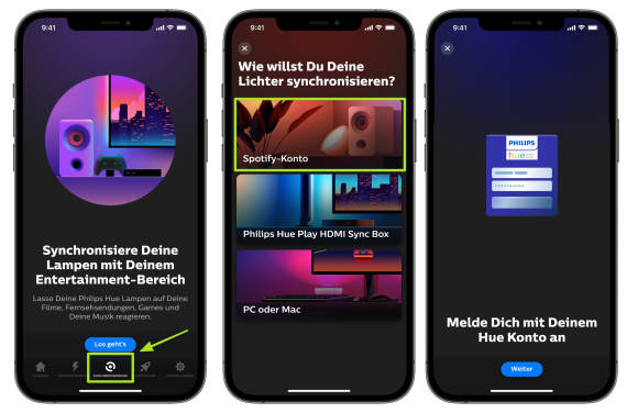 Drei iPhone-Screenshots zeigen, wie die Einrichtung der Synchronisierung gestartet wird