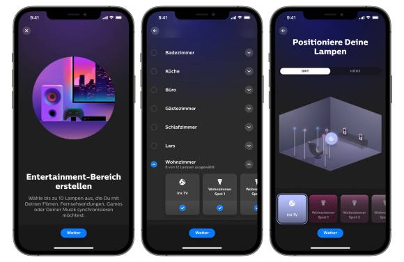 Drei iPhone-Screenshots zeigen die Auswahl der Leuchten und die Positionierung im Raum