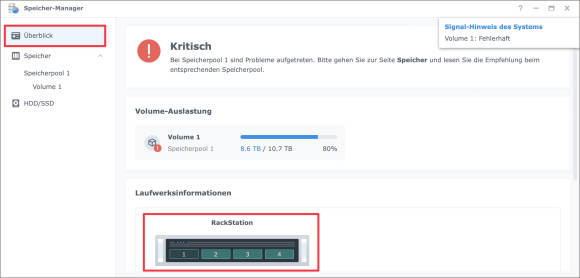 Der Screenshot zeigt, dass der Datenpool durch den Tausch der Festplatte in einem kritischen Zustand ist