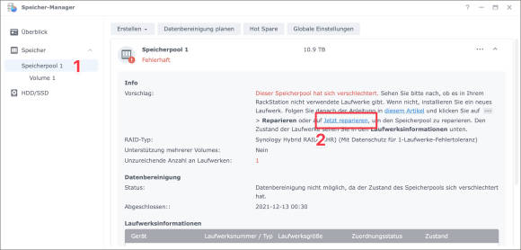 Der Screenshot zeigt, dass die Wiederherstellung nicht automatisch gestartet wurde; deshalb muss sie manuell angestossen werden