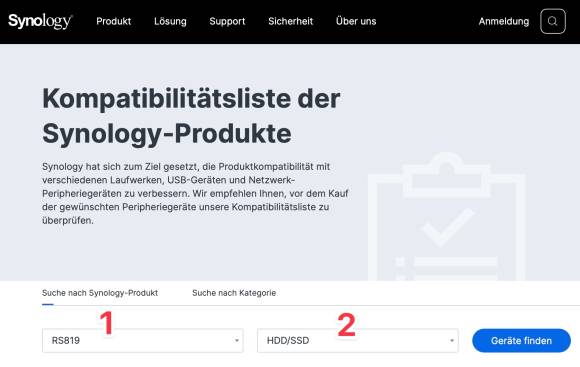 Auf der Website von Synology wird abgefragt, welche Festplatte zu einem ausgewählten NAS kompatibel ist