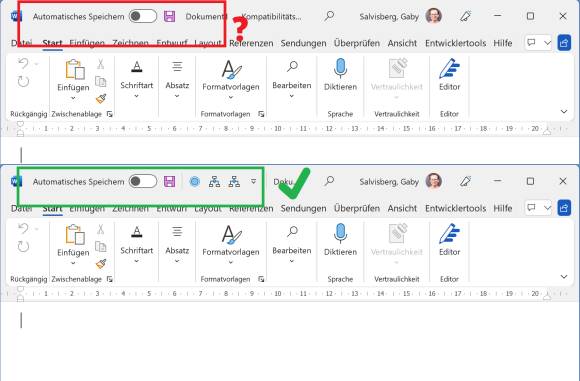 Word ohne Schnellzugriffsleiste (oben) und mit der Leiste (unten) 