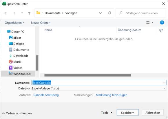 Speicherdialog für die Vorlagendatei