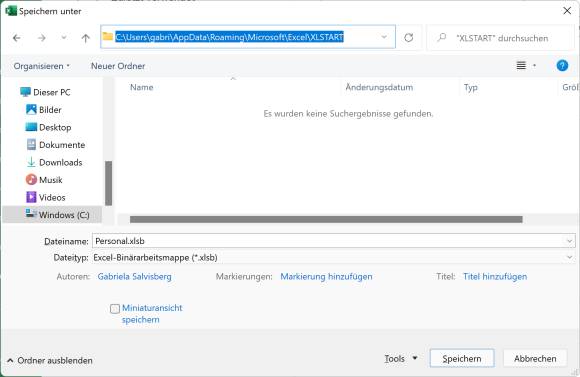 Speicherdialog für die persönliche Makro-Arbeitsmappe