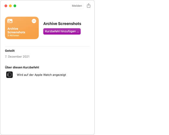 Der Kurzbefehl wird mit einem Klick installiert Screenshot zeigt, wie der Kurzbefehl auf dem eigenen Mac aus dem Internet installiert wird