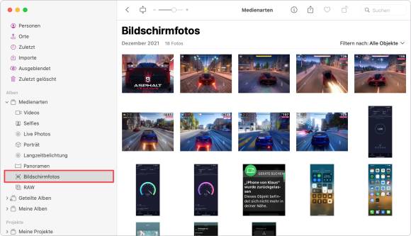 In dieser Kategorie sind zwar alle Bildschirmfotos versammelt, aber deswegen noch nicht aus der Welt geschafft Screenshot zeigt die Fotos-Anwendung; die Kategorie «Bildschirmfotos» ist markiert