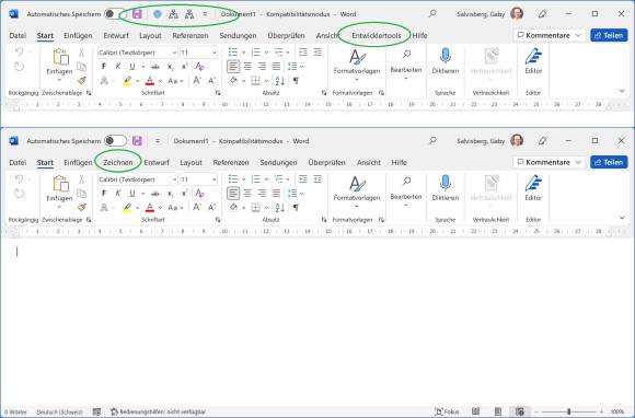 Screenshots Word-Menübänder vor und nach einer Änderung 