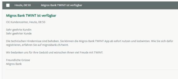 Screenshot der Mitteilung in der Migros Bank Bedienoberfläche 