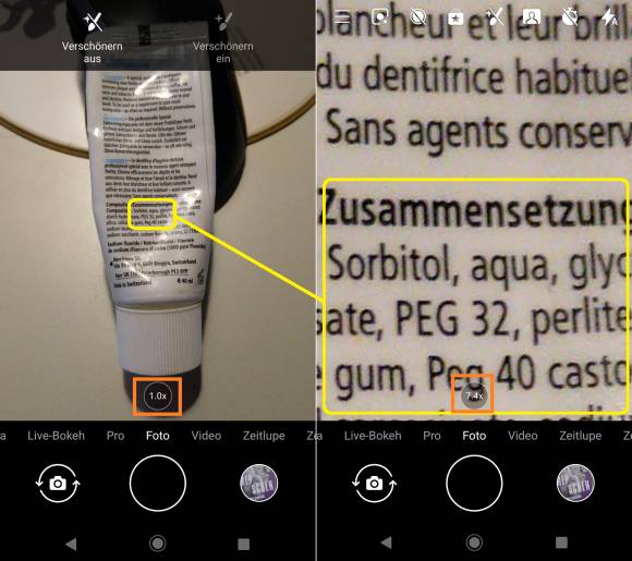 Screenshots Kamera-App mit Zahnpasta-Tube als Sujet, einmal Originalgrösse, einmal 7.4× gezoomt 