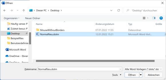 Word-Öffnen-Dialog mit der umbenannten NormalNeu.dotm