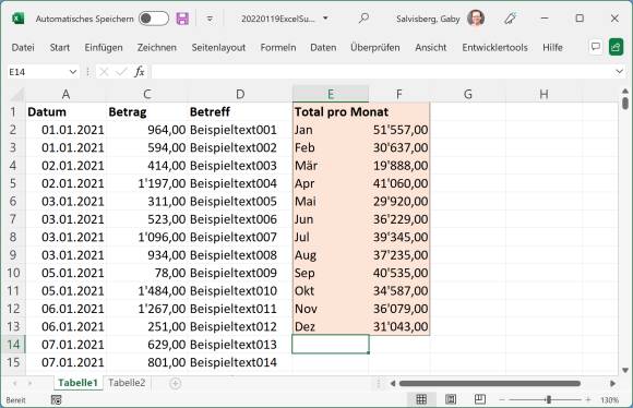 Screenshot einer Excel-Tabelle mit Summen pro Monat 