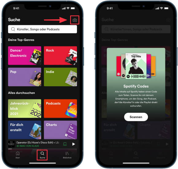 Der Screenshot zeigt, wie der Strichcode in der Spotify-App mit der Kamera erfasst wird